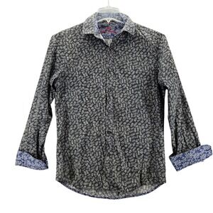 Hennes Heinemann Men's Long Sleeve Button Down Shirt Blue Leaf Print Size Medium